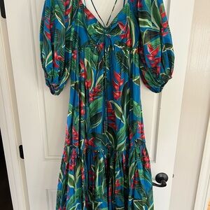 FARM Rio Blue and Green Resort Maxi Dress with Bishop Sleeves